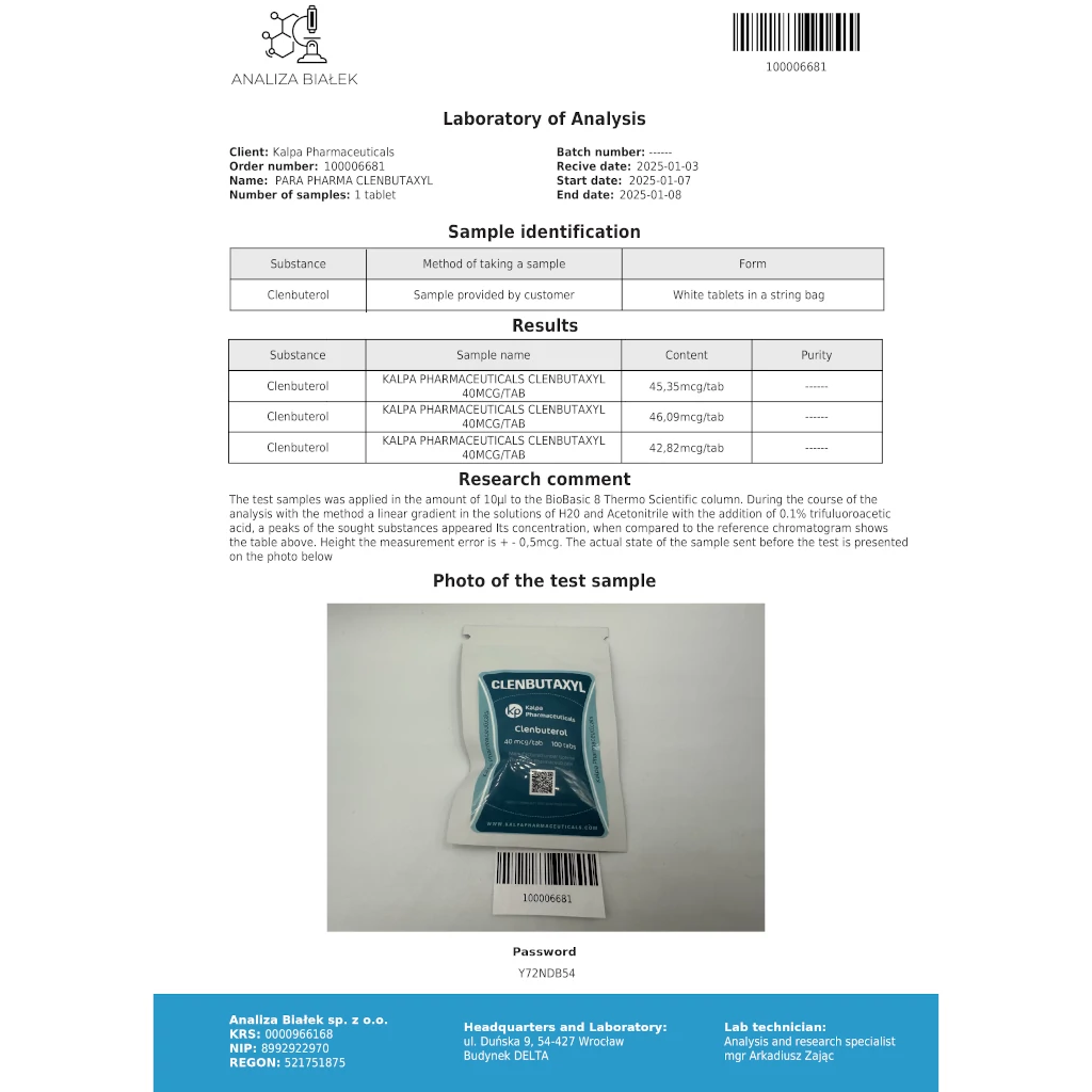 Lab test report for Kalpa Clenbutaxyl showing Clenbuterol Hydrochloride results.